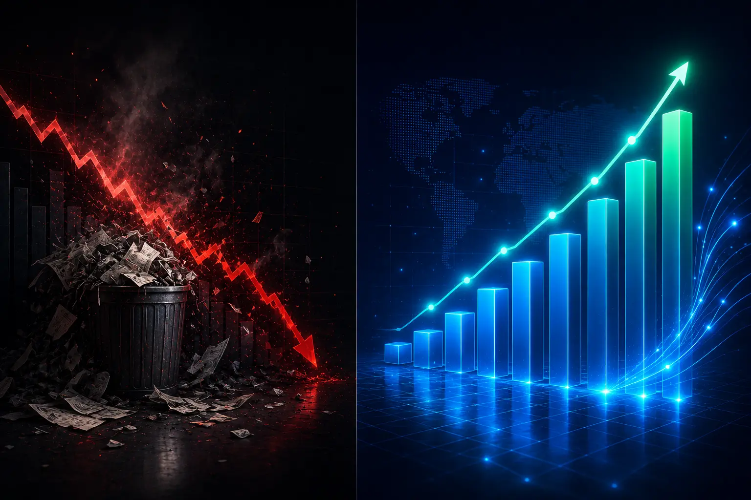 split screen wasted budget left, clean ROI right